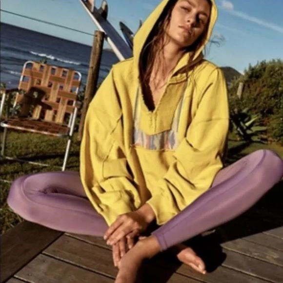 Free People Movement Surf Sesh Baja Sweatshirt Hoodie Yellow Oversized - Picture 2 of 6